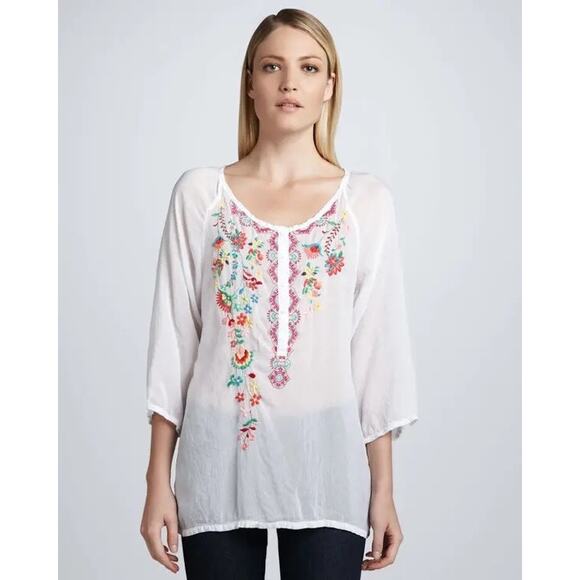 Johnny Was Floral Embroidered Half Button up Top White Sz Small Boho - Picture 1 of 7